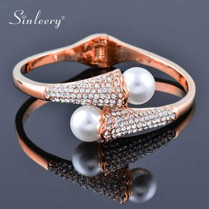 Sinleery Luxury Big Pearl Crystal Cuff Open Bangle Rose Gold Silver Color Wedding Bracelets Women Fashion Jewelry Sl470 Ssk Q0719