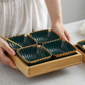 Grön guldfälg keramisk maträtt frukter tallrik kreativ porslin mellanmål dessert tallrik naturlig bambu servering bricka hållare porslin