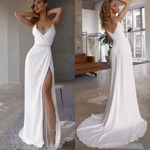 2021 Satin Evening Klänningar för Kvinnor Applique Deep V Neck Spaghetti Strap Muslim Mermaid Prom Party Gowns Formell Robe de Soirée