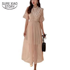 Bohemian White Pink Short Sleeve Mesh Lace Midi Klänning Sommar Casual Loose Elegant Solid Quality Lady Dress 4963 50 210527