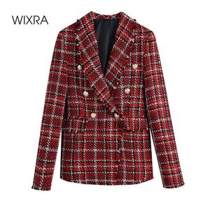 WixRA Женская винтажная красная клетчатая куртка Blazer повседневная двубортное праздничное пальто High Street 2021 Spring X0721