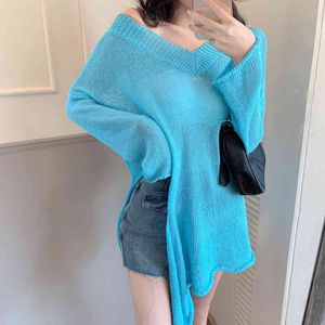 Knit Sweater Women Long Sleeve Split V-neck Loose Lrregular Thin Top Womens s Pullover Hollow out Sexy 886D 210420