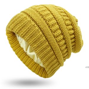 Winter Knit Woolen Beanie Hats Women Satin Lined Warm Knitted Hat Soft Stretch Outdoor Cycling Sports Cap RRD12720