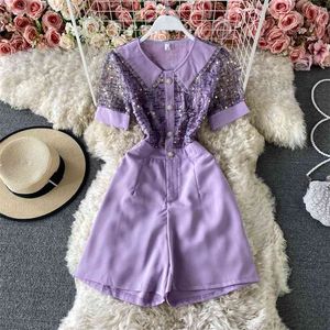 Elegant Lady Summer Playsuit Women Fashion Short Sleeve Sequined Mesh Patchwork Overalls Rompers Womens Jumpsuits 210514