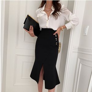 Spring Women Fashion Office Lady White Single Breasted Turn-down Collar Blouse+Empire Waist Black Trumpet Skirt 8P034 210510