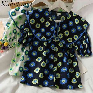 Kimutomo Mulheres Camisa Verão Coreano Retro Peter Pan Collar Impressão Único-Breasted Loose Casual Manga Curta Blusas 210521