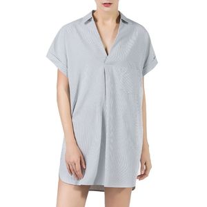 Beyaz Şerit V Boyun Dintir Aşağı Yaka Cep Gevşek Gömlek Bluz Kadın Kısa Kollu Uzun Ofis Lady Seksi B0382 210514