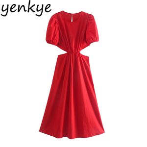 Mode Kvinnor Sexig Hollow Out Röd Klänning Kvinna O Neck Puff Sleeve A-Line Summer Party Dresses Chic Midi Vestido 210430