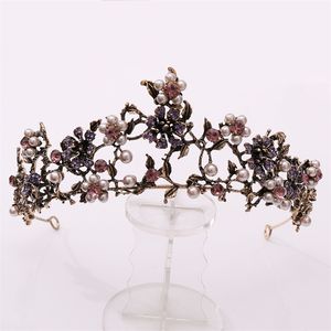 Barokowy Vintage Czarny Purpurowy Kryształ Perły Bridal Tiaras Korona Korowód Diadem Veil Tiara Akcesoria do włosów 210701