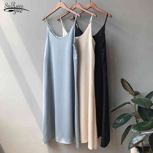 Summer Silk Casual Satin Solid Dress Vestidos Women Long Sexy Sleeveless Elegant Maxi Korean Style V Neck 9474 210427