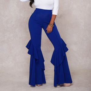 Pants High Waist Ruffles Bodycon Flare Trousers Sexy Red White Blue Black Elastic Women Fashion Summer Autumn Elegant Female 210416