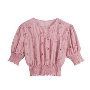 Camicetta da donna con ricami floreali rosa tinta unita camicetta da donna con maniche a sbuffo O-collo estivo Fahsion top femminili casual adorabili 210430