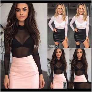 Kadın T-shirt Giyim Kadın Üst Sırf Moda Seksi Bayanlar T-Shirt Uzun Kollu See-through Clubwear Tül Mesh Siyah Pembe Kırmızı T-PLF2W