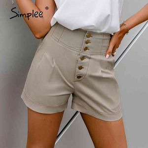 캐주얼 하이 허리 버튼 드레이프 여성 여름 단단한 패션 streetwear 여성의 바닥 포켓 섹시한 레이디 반바지 210414