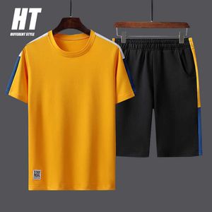 Eşofman Erkekler Yaz Casual Setleri Jogger Çizgili Kısa Kollu Tee Sweetsuit 2 ADET + Sweatshorts Erkek Patchwork Tasarım Moda Suit 210603