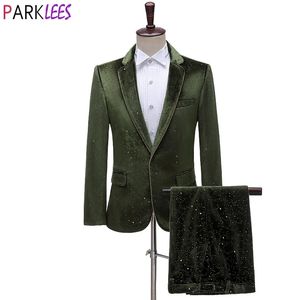 Verde Um Botão Vestido Veludo Suits Calças Homens Marca de Luxo Slim Fit Mens Tuxedo Terno Dinner Party Wedding TEno Masculino 210522