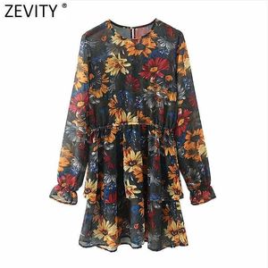 Zevity女性のファッションO首の花の花の花のプリント二重層フリルミニドレス女性シックパーティーvestido長袖クロスDS4970 210603