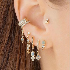 Dangle & Chandelier 100% 925 Sterling Silver European Women Jewelry White Fire Opal Stone Classic Geometric CZ Cubic Zirconia Drop Earring