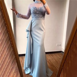 Kristallrüschen Real Image Meerjungfrau Kleid für die Brautmutter, Stehkragen, lange Ärmel, Satin, formelle Abendparty-Kleider