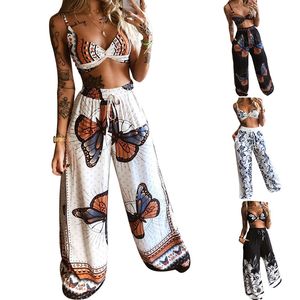 2 Pecs Suit Summer Tracksuit Satser Kvinnor Outfits Boho Beach Style Print Underkläder Lösa brett benbyxor Ropa Mujer