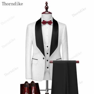 Thorndike Mens Casamento Ternos Branco Jacquard com colarinho de cetim preto Tuxedo3 pcs noivo Terno ternos para menjacket + colete + calças x0909