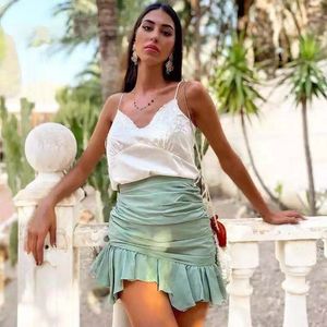 Boho Women Sweet Ruffles Mini Skirts Summer Vintage Ladies Soft Linen Skirt Female Fladas Girls Chic Green Jupe Femme 210430