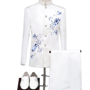 Men s Blue And White Porcelain Embroidered Tunic Suit Youth Host Stage Chorus Performance Dress Men Suits Blazers