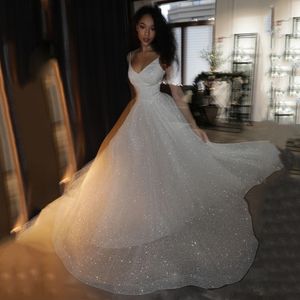 2021 Sparkling Sequins Bridal Dress Sexy Spaghetti Straps V Neck Simple Glittering Tulle Court Train Wedding Gown