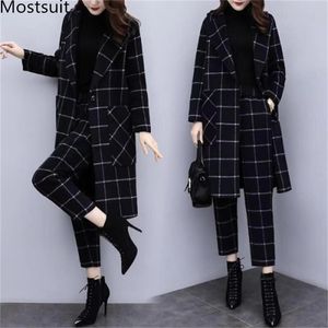 冬の黒いウールの格子縞の2つの部分セット衣装の女性のプラスサイズロングコートとズボンはエレガントなファッションオフィス210513