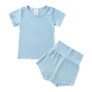 Baby sommar kläder sätter nyfödda barn pojke tjej kläder bomullstoppar + shorts solida 2st ribbed outfits set