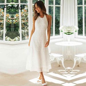 Elegant Backless White Lace Dress Kvinnor Casual Summer Beach Boho Halter Dress Fommale Long Sundress Vintage Vestidos 210415