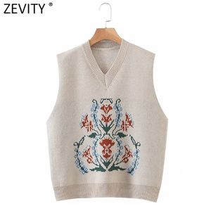 Kvinnor Vintage Totem Flower Pattern V Neck Vest Kvinna Retro Ärmlös Casual Jacquard Waistcoat Ladies Chic Tops S661 210420