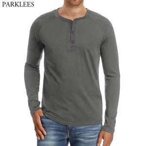 Mäns Raglan Sleeve Henley T-shirt Märke Slim Fit Långärmad T-shirt Män Premium Cotton Casual Tee Homme Grå 210522