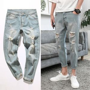 Mäns jeans 2021 Fashion Casual Washing Retro Ljusblå mustascheffekt Slim Hip Hop Students Denim Cowboy Ankle Length Pants