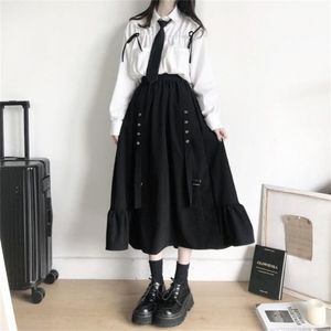 Höst Kvinnor Kjolar Hög Midja Student Koreansk Stil Mörk Vintage Ruffle Lång A-Line Skirt Fashion 210721