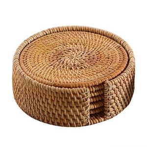 Mats & Pads 6pcs Handmade Woven Rattan Cup Coasters With Basket Non-slip Placemat Tea Trays Coffee Mugs Table Mat Insulation Tableware