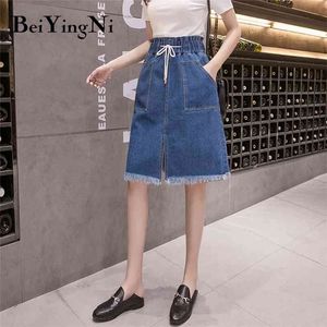 Cintura alta Saia Denim Mulheres Drawstring Casual Vintage Split Pockets Coreano Joelho-Comprimento Saias Tassel Jeans 210506