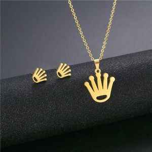 Tiara-Halsketten großhandel-Korean Gold Edelstahl Tiara Königin Prinz König Krone Pendelle Kette Halskette Sets Choker Für Frauen Hand Finger Form Schmuck Halsketten