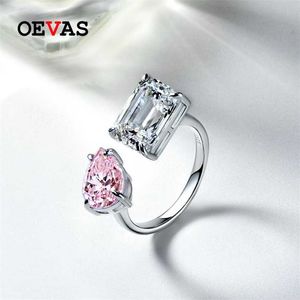 OEVAS 100% 925 Sterling Silver 7 * 10mm Pink Pear Square High Carbon Diamond Pierścionki dla kobiet musujących wesele Party biżuteria 211217
