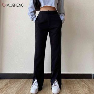 Calças femininas moda calças soltas para bota feminina corte reto comprimento total cintura alta perna larga casual split 210925