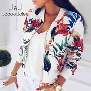Jocoo Jolee Frauen Herbst Retro Floral Print Zipper Up Casual Jacke Langarm Outwear Frauen Grundlegende Jacke Bomber 5XL Famale 210518