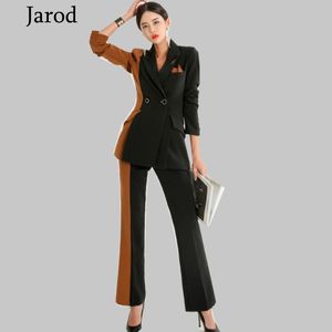 Kontor Lady Arbeta Byxor Passar Kvinnor Slim Hit Färg Långärmad Dubbelbröst Blazer Coat + Ol Byxor Elegant Två Piece Set 210518