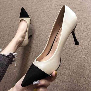 Spring High Heels Skor Kvinnor Patchwork Mjuk PU Läder Pekad Toe Solid Svart Beige Slip Ons Sexiga Bröllop Eleganta Pumpar 210520