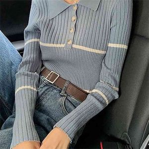 Autumn Kint Sweater Women Sweet Single-Breasted POLO Collar Short-Sleeved Knitted Blouse Short Jacket 210914