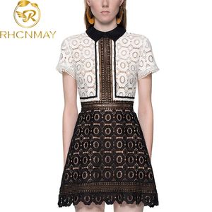 Moda Self Portrait Party Kobiety Sukienka Summer Runway Black White Patchwork Krótki Rękaw Hollow Out Mini 210506