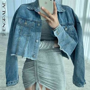 Spring Long Sleeve Single Breasted Frayed Jacket Chic Casual Women Large Size Light Blue Denim Coats Female 210427