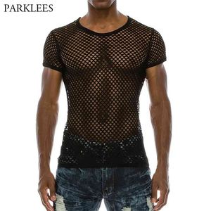 Men's Mesh See-through Fishnet T Shirt Fashion Sexy Short Sleeve Nightclub Wear T-shirt Men Party Perform Streetwear Tops 210706