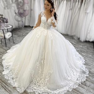 Arabic Style A Line Wedding Gowns With Long Sleeves Ivory Lace Sweep Train Garden Country Bridal Party Dresses Vestidos De Noiva
