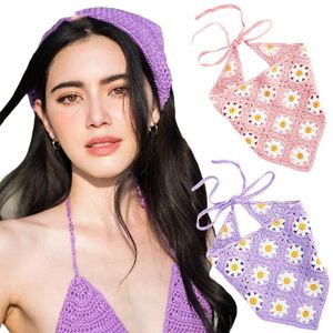 Hårtillbehör Kiwiberry Knitting Headscarf Flower Elastic Band Wrap Turban Crochet Ponytail Head Fashion Triangle Scarf Idyllic