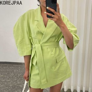 Korejpaa Kobiety Kurtki Lato Elegancki Temperament Lapel Dwurzędowy Design Sensa Lace-Up Waist Loose Puff Sleeve Suit 210526